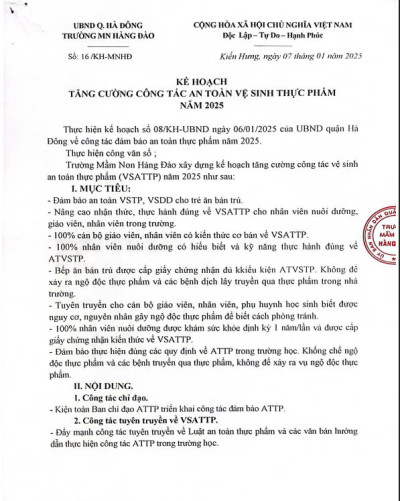 KẾ HOẠCH TĂNG CƯỜNG CÔNG TÁC AN TOÀN VỆ SINH THỰC PHẨM