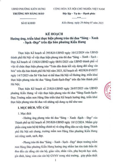 Kế hoạch xây dựng môi trường "Sáng - xanh - sạch - đẹp"