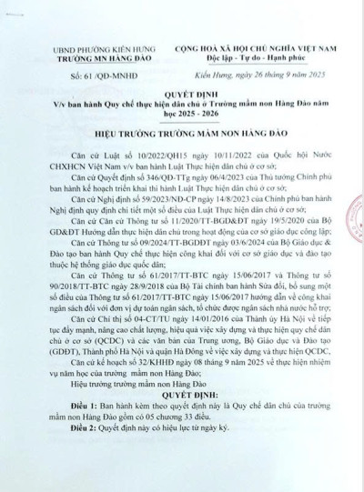 QUYẾT ĐỊNH BAN HÀNH QUY CHẾ DÂN CHỦ TRƯỜNG MẦM NON HÀNG ĐÀO NĂM HỌC 2025 - 2026