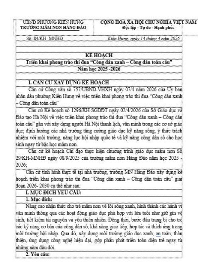 Kế hoạch triển khai phong trào thi đua “Công dân xanh – Công dân toàn cầu” năm học 2025 - 2026