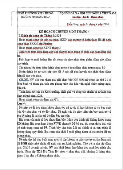 KẾ HOẠCH CHUYÊN MÔN THÁNG 09 NĂM 2025