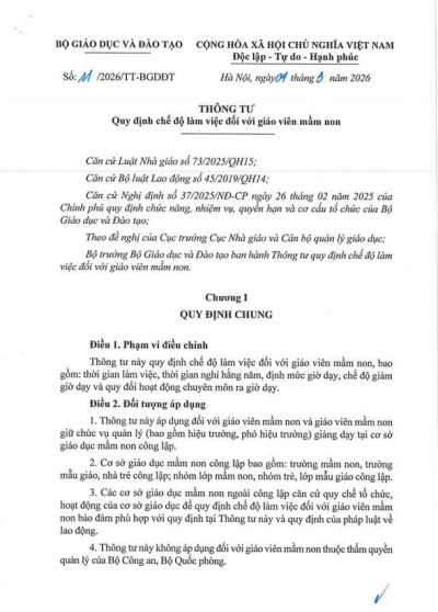 Thông tư quy định về chế độ làm việc của giáo viên mầm non