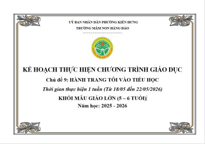 KẾ HOẠCH THỰC HIỆN CHƯƠNG TRÌNH GIÁO DỤC CHỦ ĐỀ 9 LỨA TUỔI MẪU GIÁO LỚN
