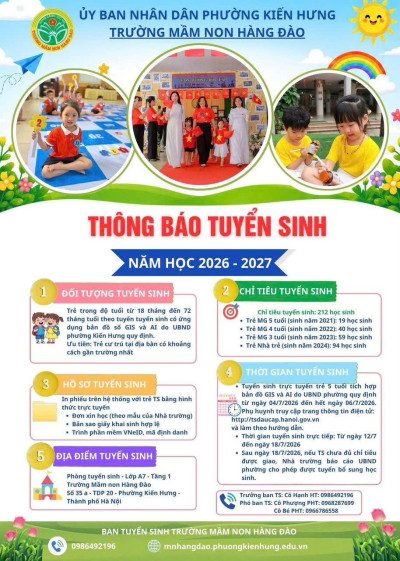 TRƯỜNG MẦM NON HÀNG ĐÀO THÔNG BÁO TUYỂN SINH NĂM HỌC 2026 – 2027