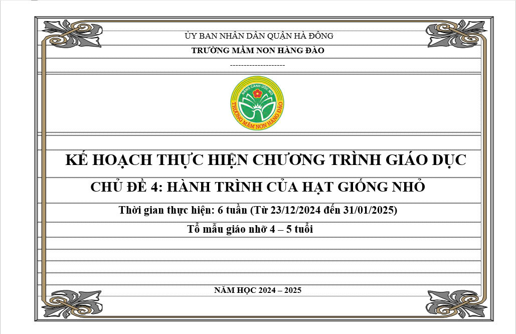 Kế hoạch thực hiện chương trình giáo dục chủ đề 4 lứa tuổi MGN