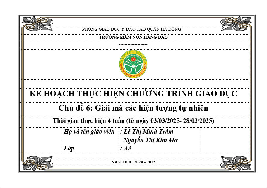 Kế hoạch thực hiện chương trình giáo dục chủ đề 6 lứa tuổi MGL