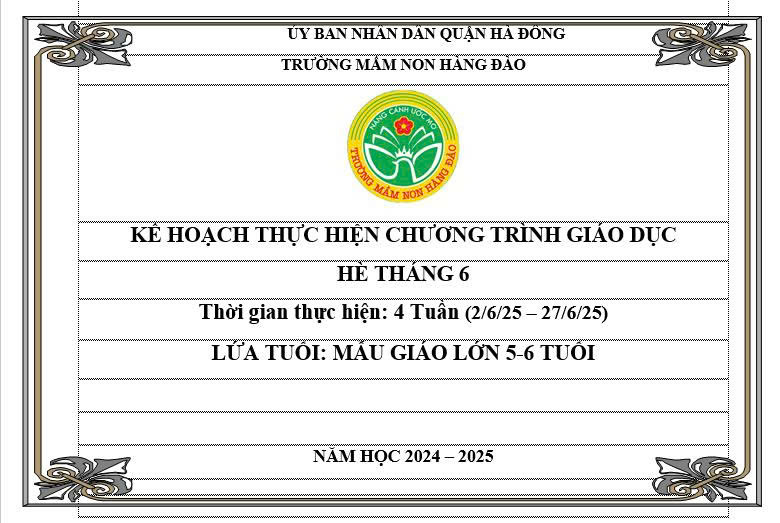 KẾ HOẠCH THỰC HIỆN CHƯƠNG TRÌNH GIÁO DỤC THÁNG 06 KHỐI MẪU GIÁO LỚN