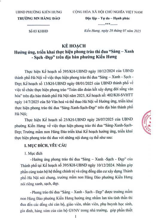 Kế hoạch xây dựng môi trường "Sáng - xanh - sạch - đẹp"
