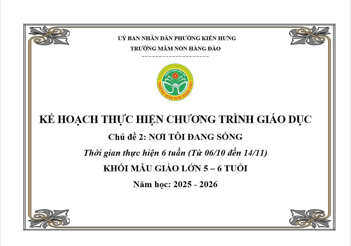 KẾ HOẠCH THỰC HIỆN CHƯƠNG TRÌNH GIÁO DỤC CHỦ ĐỀ 2 LỨA TUỔI MẪU GIÁO LỚN