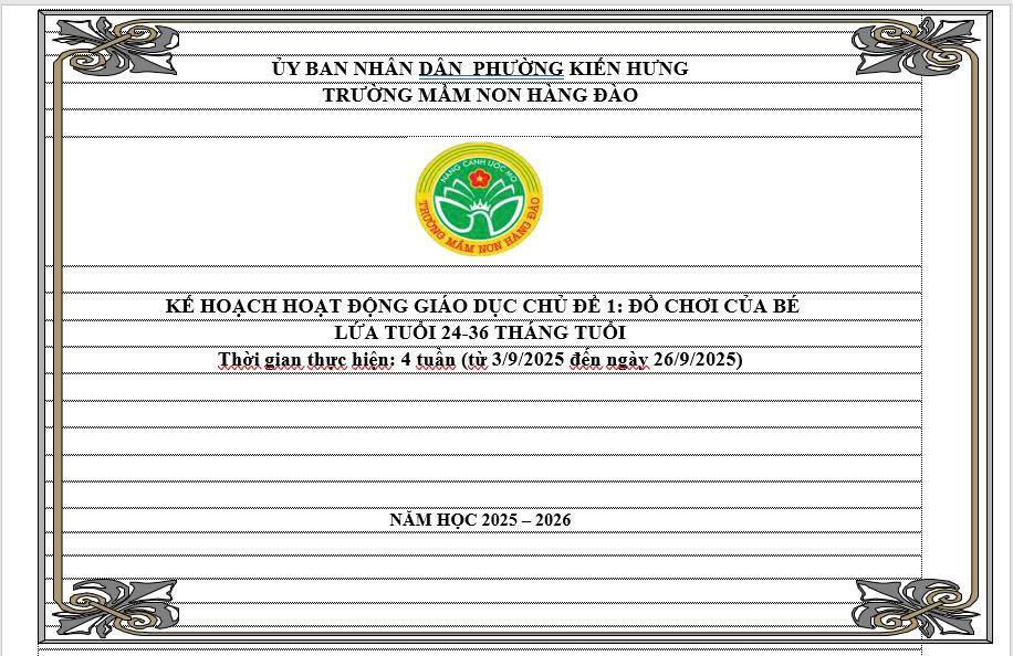 KẾ HOẠCH THỰC HIỆN CHƯƠNG TRÌNH GIÁO DỤC CHỦ ĐỀ 1 LỨA TUỔI NHÀ TRẺ