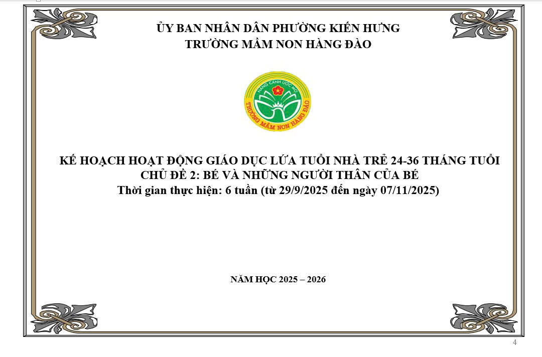 KẾ HOẠCH THỰC HIỆN CHƯƠNG TRÌNH GIÁO DỤC CHỦ ĐỀ 2 LỨA TUỔI NHÀ TRẺ