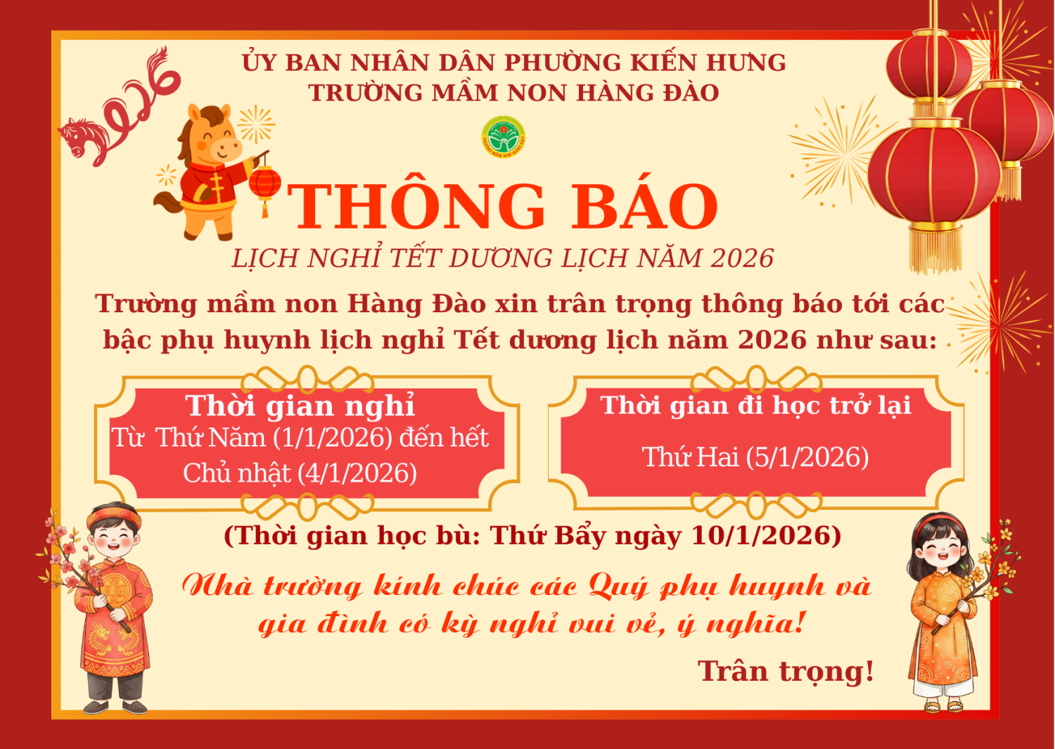 THÔNG BÁO NGHỈ TẾT DƯƠNG LỊCH NĂM 2026