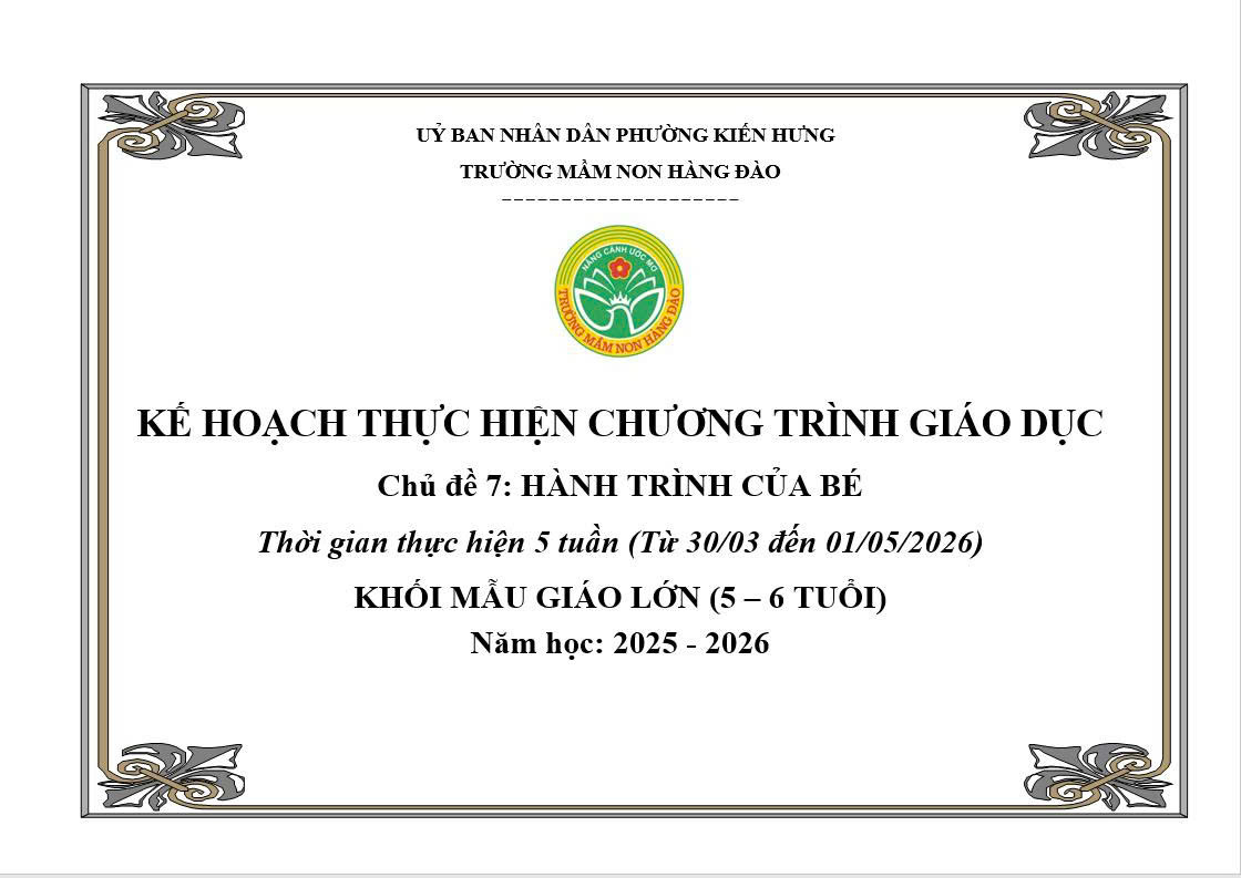 KẾ HOẠCH THỰC HIỆN CHƯƠNG TRÌNH GIÁO DỤC CHỦ ĐỀ 7 LỨA TUỔI MẪU GIÁO LỚN