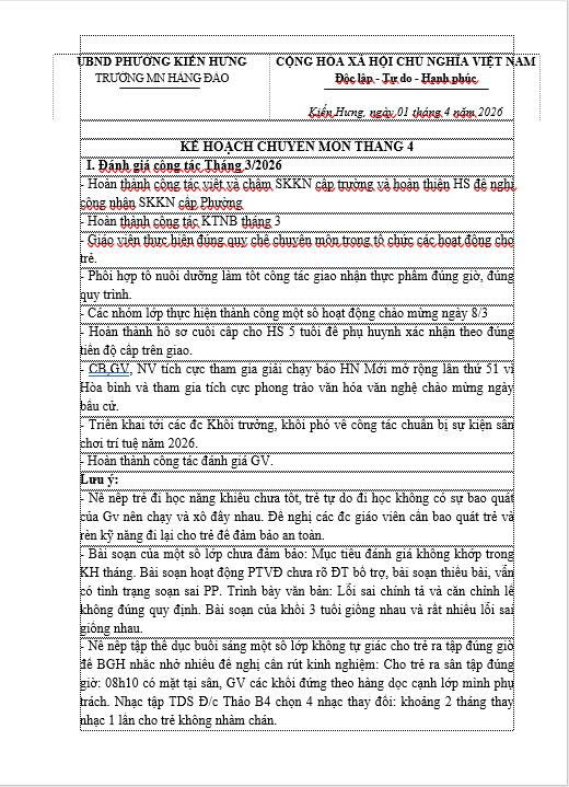 KẾ HOẠCH CHUYÊN MÔN THÁNG 09 NĂM 2025