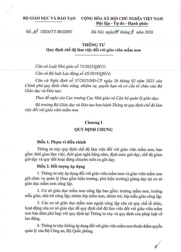 Thông tư quy định về chế độ làm việc của giáo viên mầm non