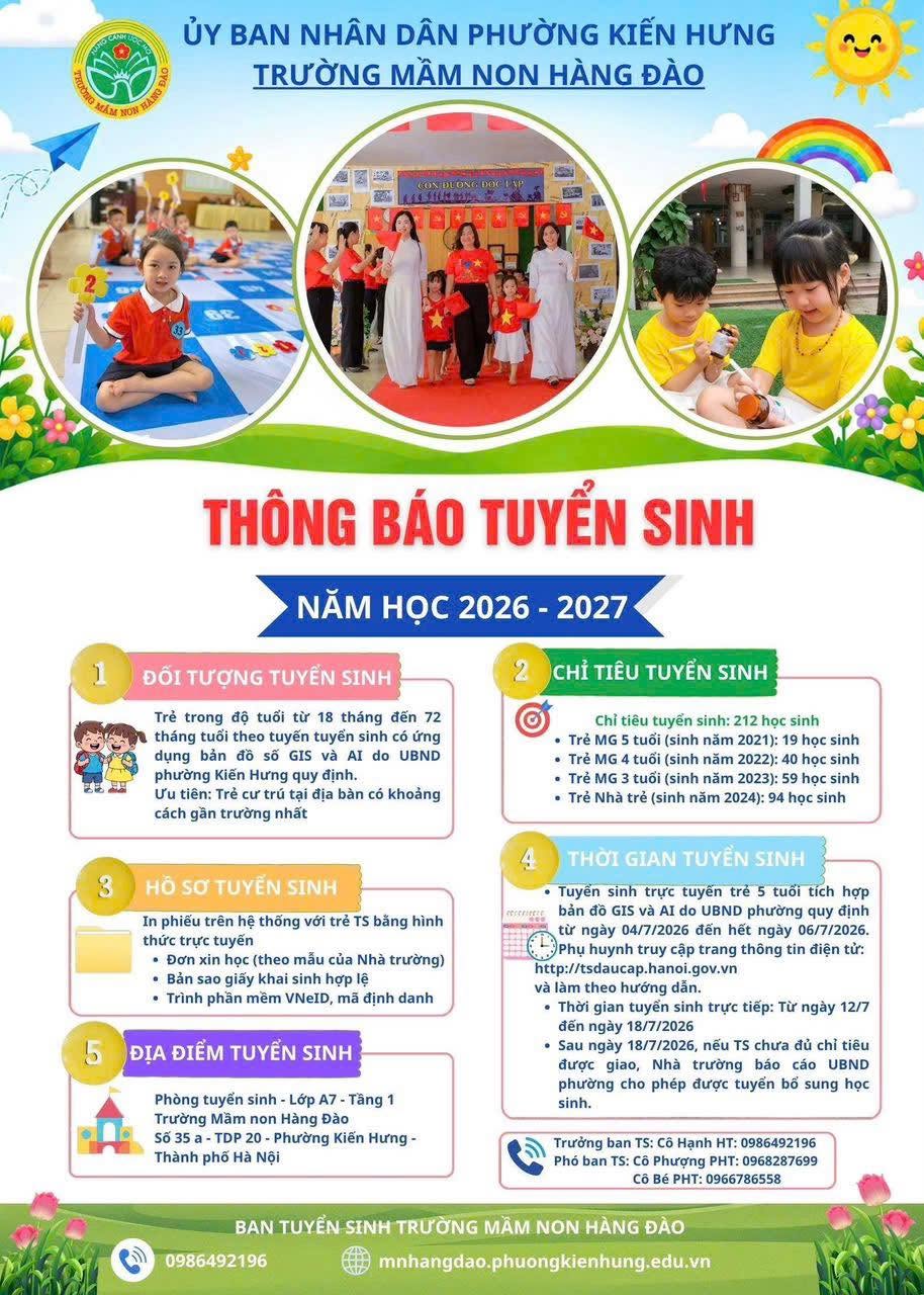 TRƯỜNG MẦM NON HÀNG ĐÀO THÔNG BÁO TUYỂN SINH NĂM HỌC 2026 – 2027